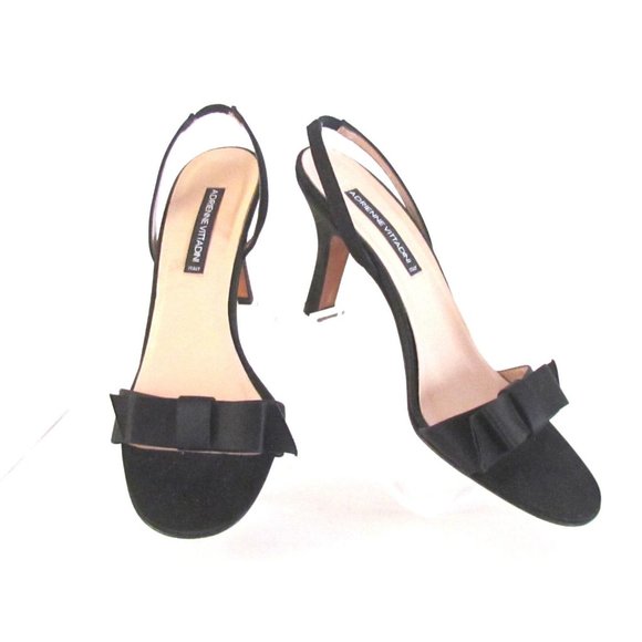 Adrienne Vittadini Black Satin Bow Detail High Heel Designer Sandals Size 8.5M - Picture 2 of 15